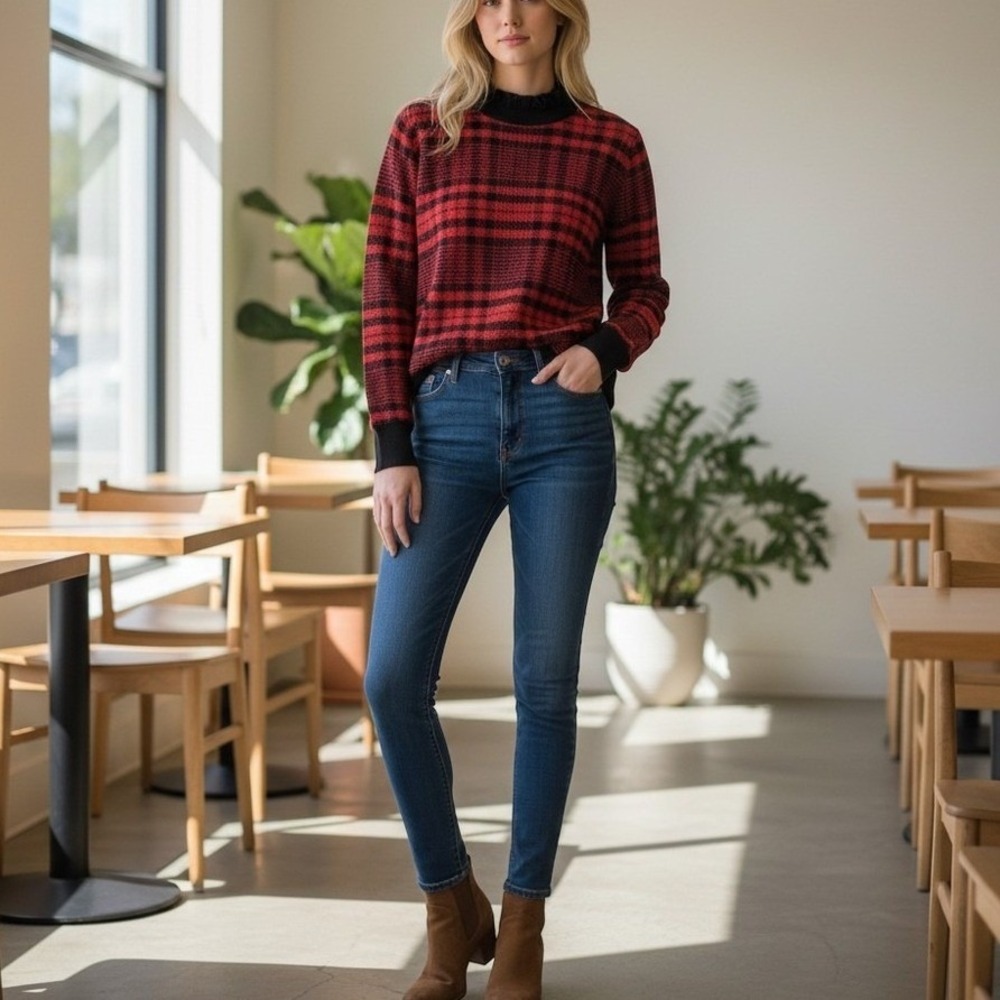 LOFT Red Black Tartan Plaid Sweater Ruffle Mock Neck Preppy Holiday M